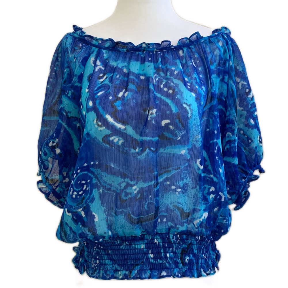 Micheal Kors Blue Watercolor Paisley Puff Shoulder Short Sleeve